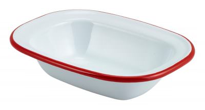Enamel Rect. Pie Dish White with Red Rim 16cm