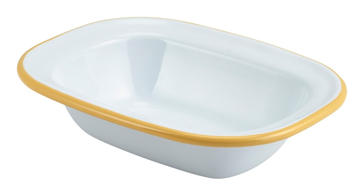 Enamel Rect. Pie Dish White with Yellow Rim 16cm
