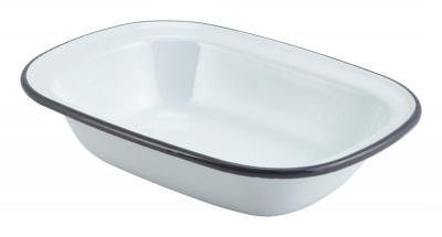 Enamel Rect. Pie Dish White with Grey Rim 20cm