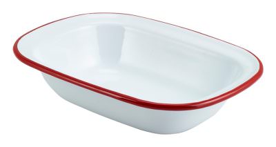 Enamel Rect. Pie Dish White with Red Rim 20cm
