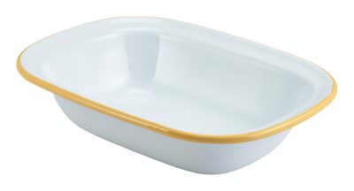 Enamel Rect. Pie Dish White with Yellow Rim 20cm