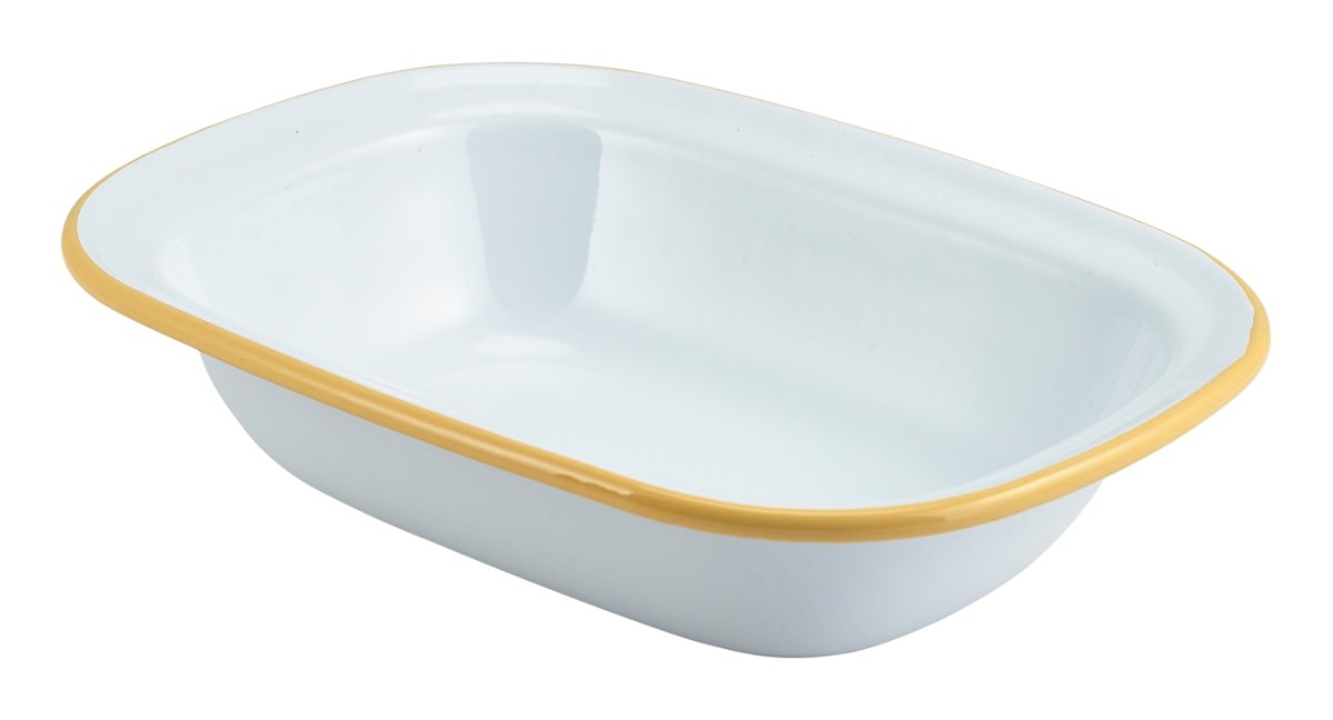Enamel Rect. Pie Dish White with Yellow Rim 20cm
