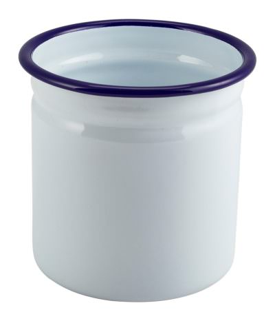 Enamel Cutlery Holder White with Blue Rim 11.5cm Dia
