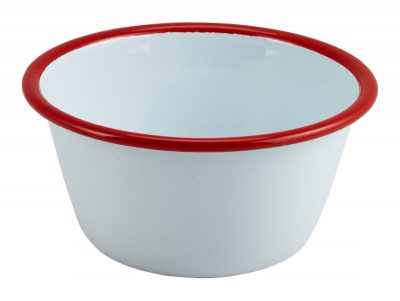 Enamel Round Deep Pie Dish White with Red Rim 12cm