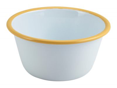 Enamel Round Deep Pie Dish White with Yellow Rim 12cm