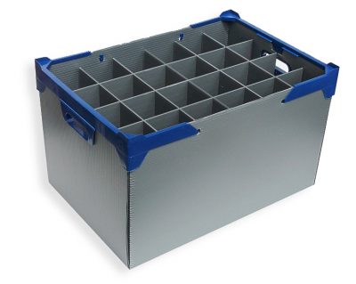 Tall wine glass storage box with dividers holding 24 glasses